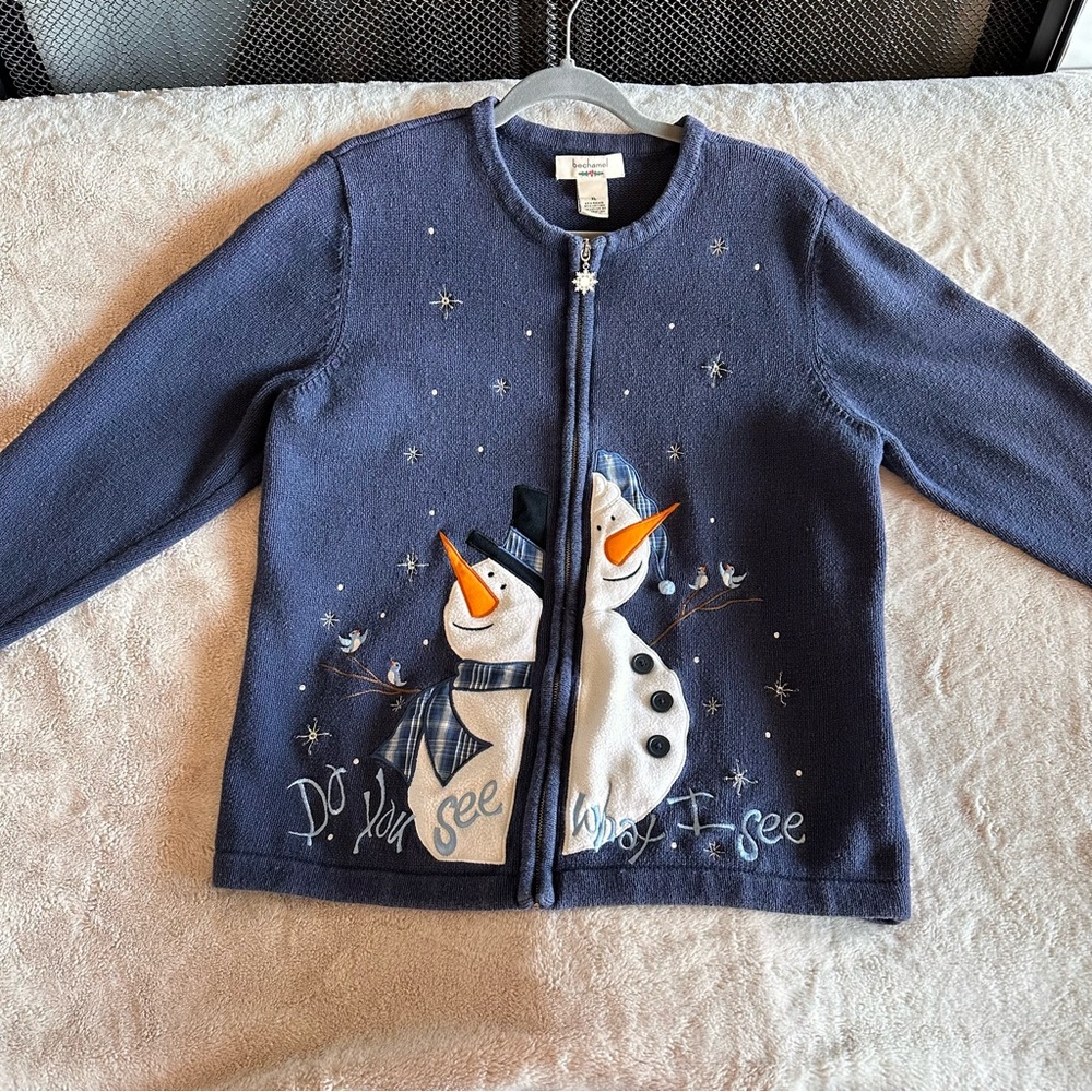 Bechamel Blue Knit Cardigan with Snowflake Charm Size XL Do You See What I See